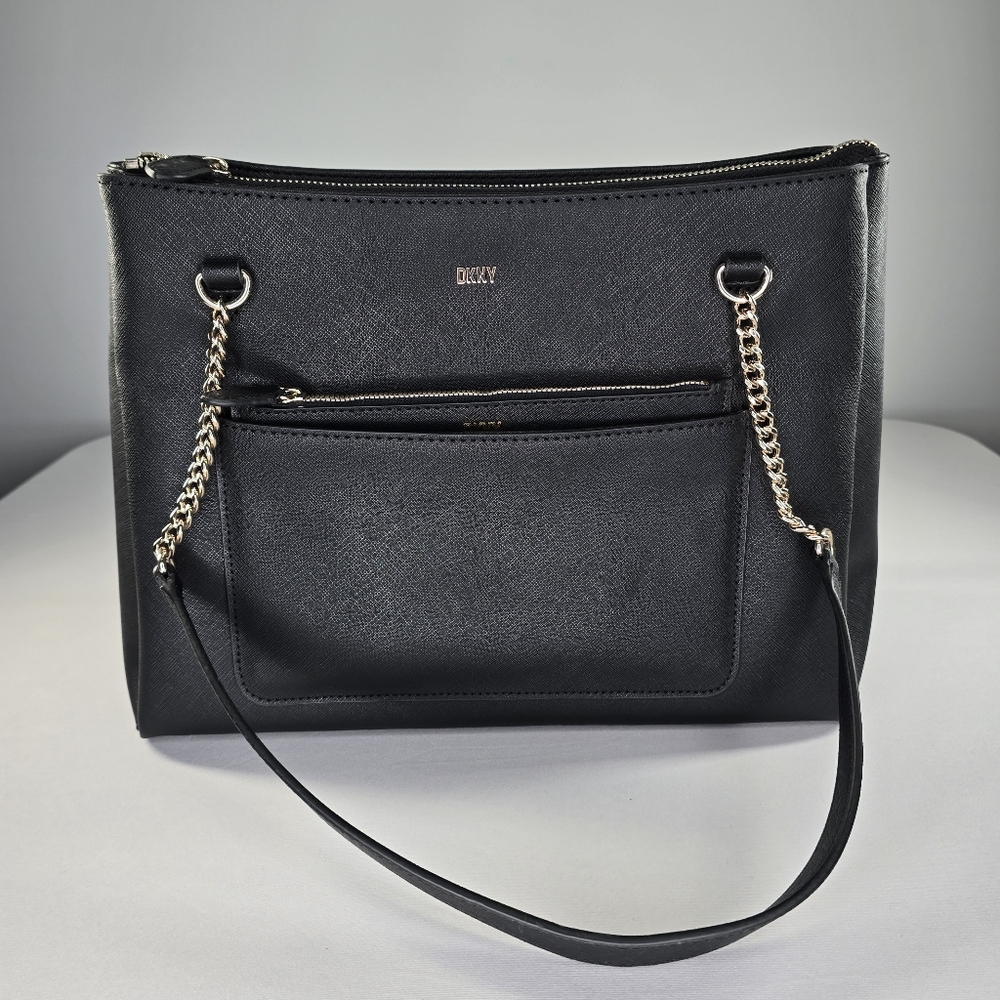 DKNY Black Saffiano Leather Shoulder Bag with Gold Chain Detail